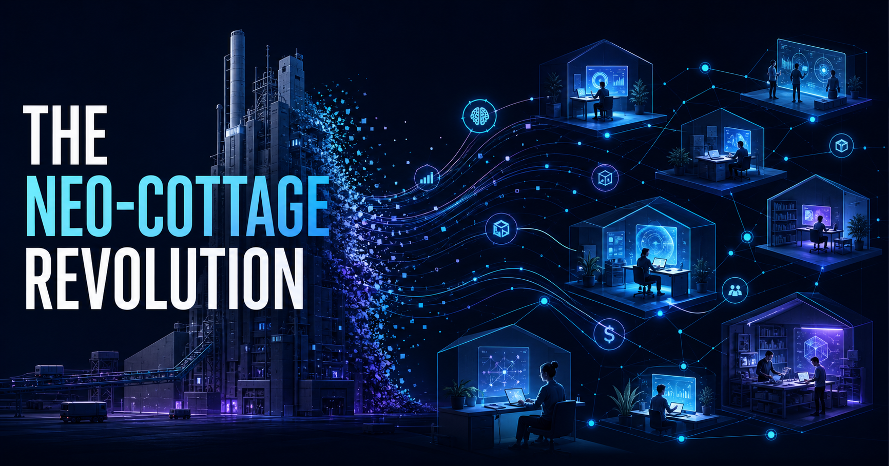 Abstract visualization of the Neo-Cottage economy distributing productive power from large firms to AI-enabled individuals and small teams